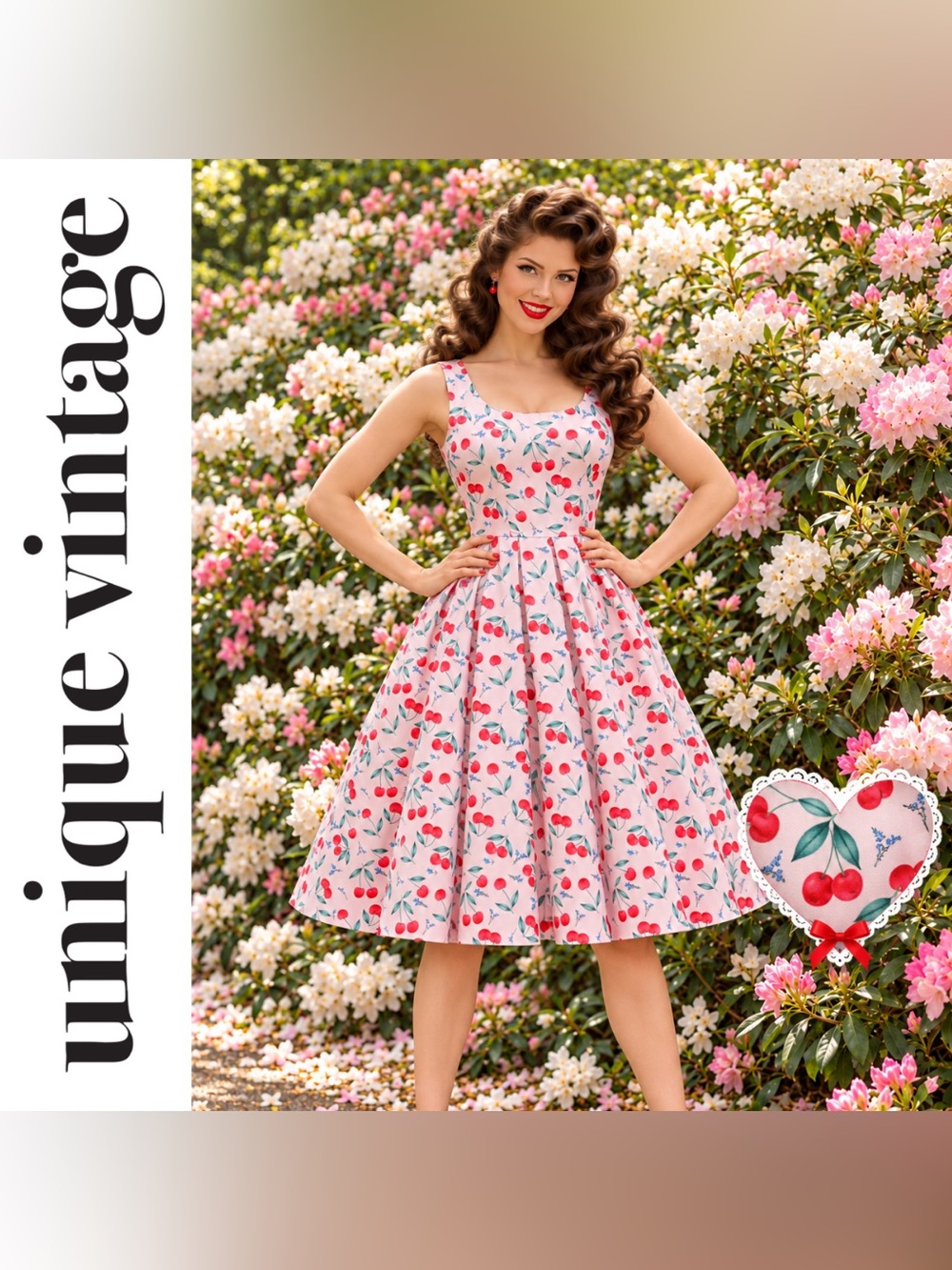 Unique Vintage Dolly & Dotty Pink Amanda Cherry Pleated Swing Dress, Lg, NWT!
